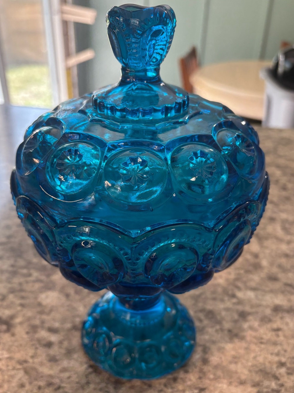 LE Smith Moon and Stars blue carnival glass depression glass compote candy jar